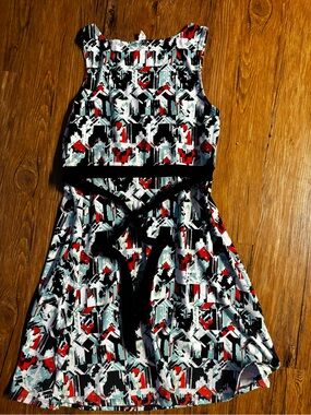 Soybu Black, White & Red Geometric Fit-and-Flare Midi Dress